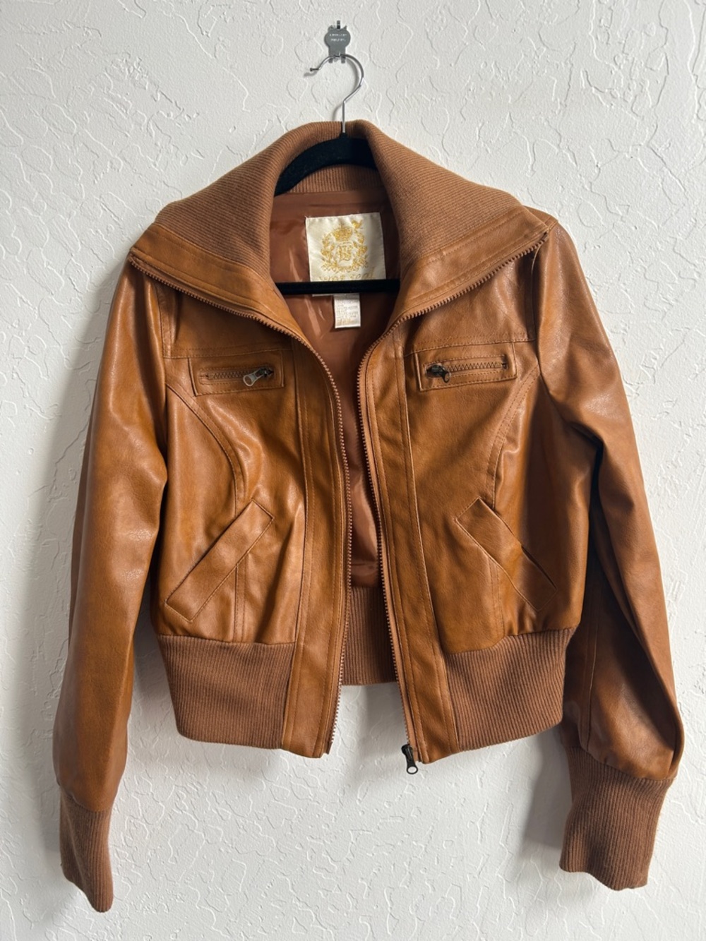 Wet Seal Women's Camel Brown Bomber Leather Jacket - Picture 4 of 4